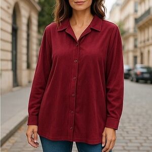 Liz Claibourne Blouse Top Red Liz & Co Burgandy Wine XL Collar Suede Feel